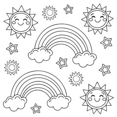 Cute and Colorful Sky Pattern with Rainbows, Clouds, and Smiling Suns