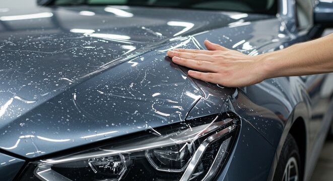 Close-up of a person applying ppf protective film to a car hood.