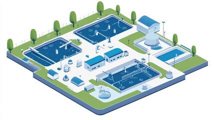 Aerial view of a modern water treatment facility with multiple processing tanks and greenery
