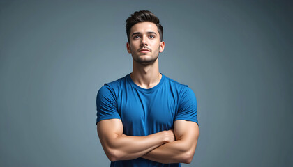 Fototapeta premium A young, handsome man wearing a blue t-shirt stands with his arms crossed, looking up with a confident and ambitious expression.