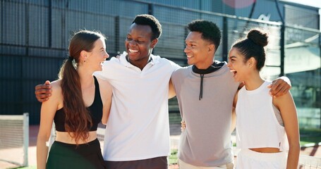 Sports, tennis court and people hug with support for playing games, match and competition. Fitness...