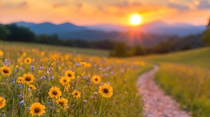 Obraz premium Sunflowers Sunset Mountain Path