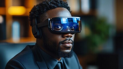 Man wearing futuristic augmented reality glasses with digital interface reflection
