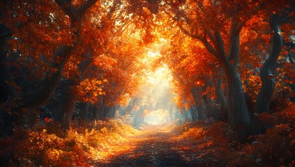 Autumnal forest path bathed in sunlight