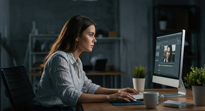 A creative female video editor working intently on her computer in a bright studio.