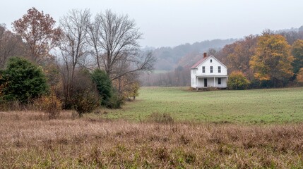 Fototapeta premium Misty Autumn Farmhouse in Rural Landscape