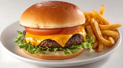 Gourmet Cheeseburger on White Ceramic Plate