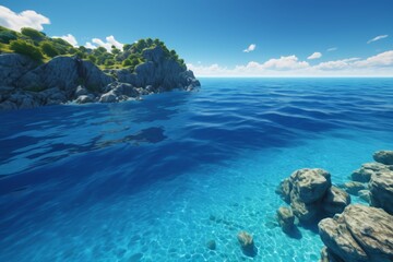 there is a large body of water with rocks in the middle