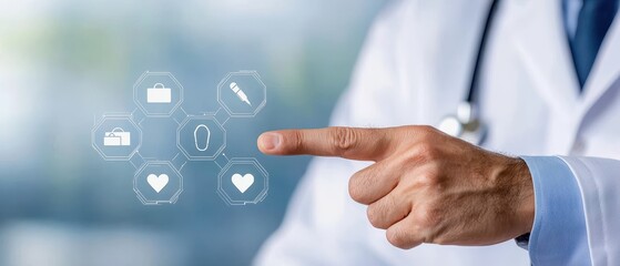 Pointing at health icons medical environment digital content professional setting individual benefits with insurance