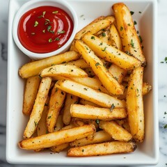 Crispy French Fries with Ketchup on a White Tray