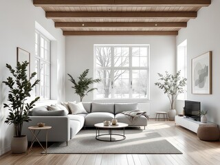 Naklejka premium Minimalist living room background, perfect for interior design, home decor, Scandinavian aesthetics, modern architecture, cozy ambiance, real estate, natural lighting, luxury homes, and contemporary s