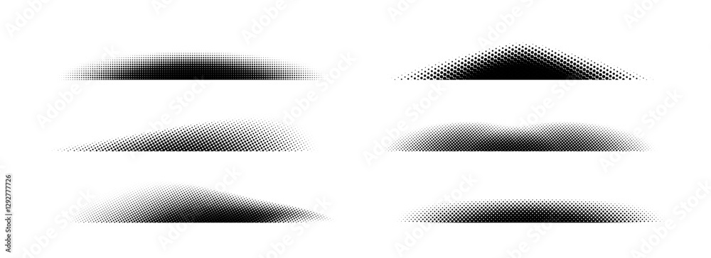 Poster Halftone shadow set. Black dotted gradient stripes collection. Half tone textured shades pack for divide and separate. Horizontal pixelated grain line patterns. Vector noise dots and particles strips