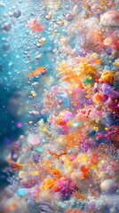 A colorful underwater scene filled with vibrant corals and bubbles, showcasing the beauty of marine life in motion.
