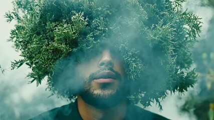 Man with a foliage crown surrounded by colorful smoke in a creative artistic portrait taken outdoors - Powered by Adobe