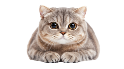 A chubby Scottish Fold cat sitting with its paws tucked in, gazing curiously with big round eyes against a clean white background.