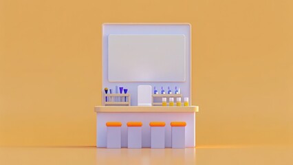 Creative small business, 3D concept. Colorful miniature bar setup with stools against a vibrant background.