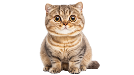 A chubby Scottish Fold cat sitting with its paws tucked in, gazing curiously with big round eyes against a clean white background.