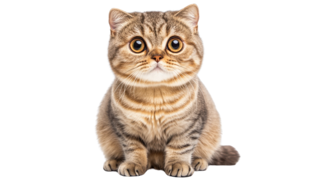 A chubby Scottish Fold cat sitting with its paws tucked in, gazing curiously with big round eyes against a clean white background.