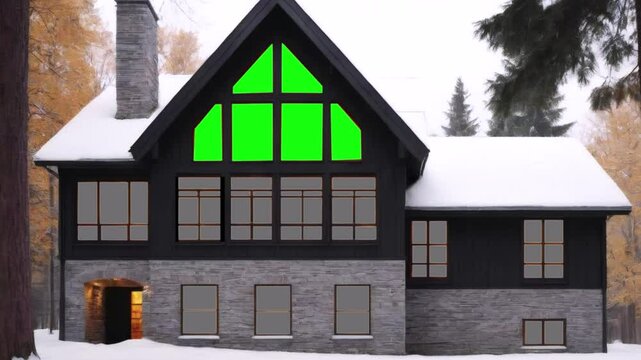 The building in winter. The lights go out in the windows, the camera moves through the window (chrome key) into the attic.