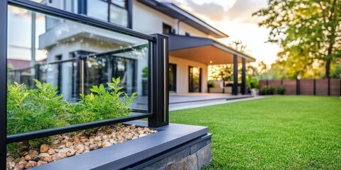 A contemporary backyard enclosed by a sleek metal and glass fence.