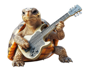 turtle playing tiny guitar, looking like rock star, exuding confidence and charm. This whimsical scene captures joy of music and creativity