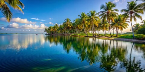 Obraz premium Tranquil Tropical Paradise with Palm Trees and Reflective Water