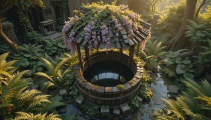Fototapeta premium Serene Gazebo Over Water Well in Lush Mystic Garden Tranquil fantasy like setting with vibrant flora