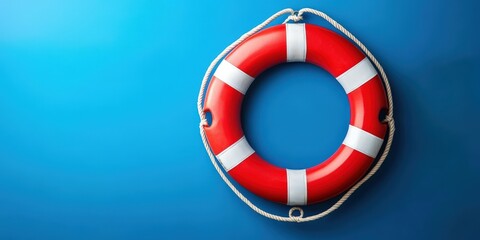 A vibrant red life preserver stands out against a calming blue backdrop. 