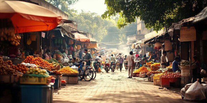 Colorful stalls line the busy street market.