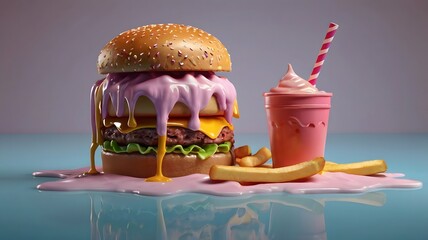 Delicious Melted Ice Cream Burger Fries and Milkshake Sweet Treats