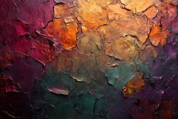 Naklejka premium Rich, textured abstract painting in deep jewel tones, burgundy, teal, gold. Ideal for backgrounds, design projects needing a luxurious, artistic feel.
