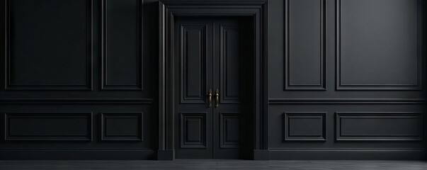 Solid black wooden door, ornate molding, studio shot , wood grain, sharp image
