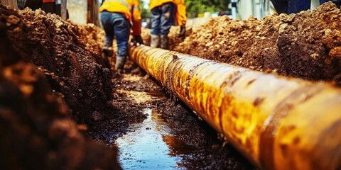 Construction site featuring trench and pipe placement. 
