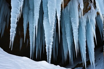 araffes hanging from a cliff covered in ice and snow