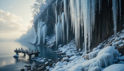 Stunning winter landscape Frozen lake shore with icy cliffs and a wooden pier
