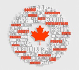 Word cloud with words related to politics, government, parliamentary democracy and political life. Flag of the Canada. 3D render