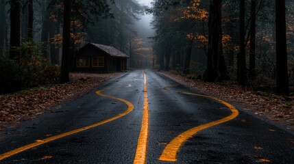Fototapeta premium Foggy forest road with small cabin, leading the way. Possible use stock photo