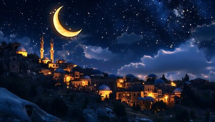 Obraz premium Crescent moon over illuminated ancient Muslim town at night