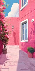 Fototapeta premium Vibrant Pink Alley with Blooming Flowers and Soft Cloudy Sky