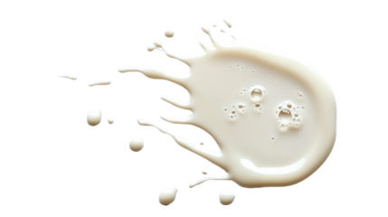 Spilled milk puddle, droplets isolated on white background and texture, top view 