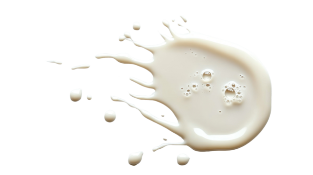 Spilled milk puddle, droplets isolated on white background and texture, top view 