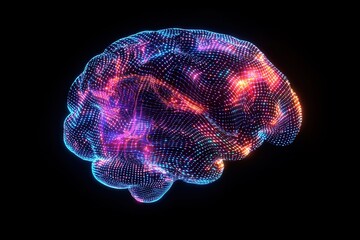 Abstract glowing digital brain model with vibrant particles representing artificial intelligence and neural network

