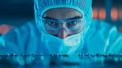 Technician inspecting circuit board under magnifying glass technology lab high-detail image industrial environment close-up view precision engineering