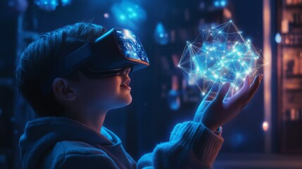 A child wears virtual reality glasses and holds a glowing polygonal grid in their hand.  