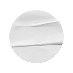 white mockup round crumpled stickers set, white paper, adhesive or labels, wrinkled plastic...