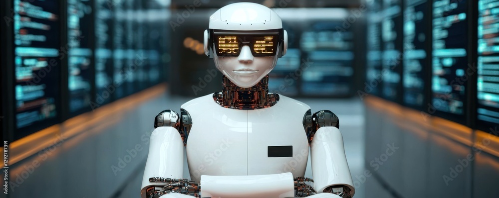 Poster robotic assistant performing data analysis in a futuristic tech lab digital innovation high-tech env