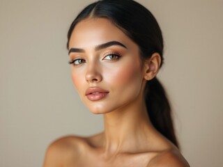 A young woman with flawless skin, her complexion glowing with a natural radiance, and delicate facial features that accentuate her unique charm.