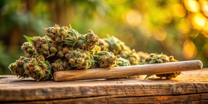 High-quality image of dried cannabis nugs on a wooden stem with a natural background