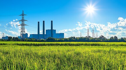 An industrial power plant sits beside green field under blue sky