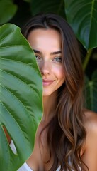 Graceful portrait of a stunning young woman with flawless natural makeup, gently holding a large green leaf against a softly blurred green background.
